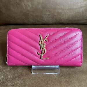 YVES SAINT LAURANT Grain De Poudre Matelasse Chevron Monogram Zip Around Wallet